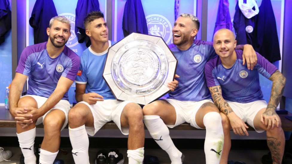 RIGHT AT HOME : New boys Rodri and Angelino celebrate with Sergio Aguero and Nicolas Otamendi.