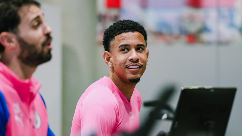 GOALSCORER  : Fresh from netting against Brentford, Savinho limbers up on the bike. 