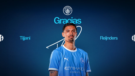 A football player in a Manchester City jersey is in the center of a blue background with the Manchester City logo above. The text 'Gracias Tijjani Reijnders' is written across the image.