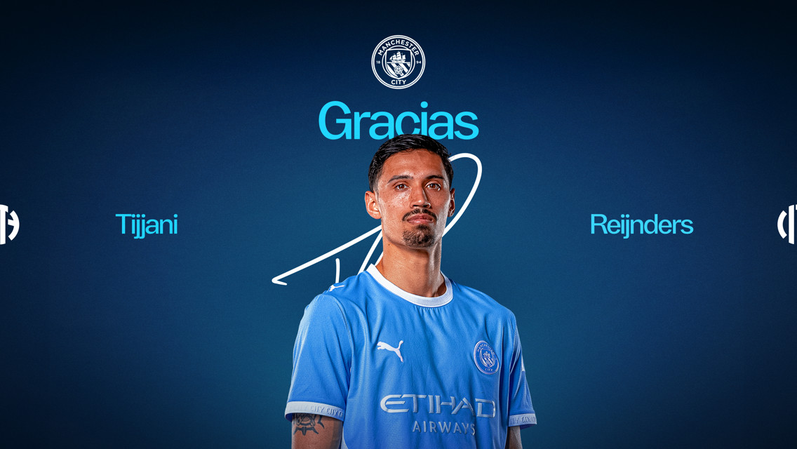 A football player in a Manchester City jersey is in the center of a blue background with the Manchester City logo above. The text 'Gracias Tijjani Reijnders' is written across the image.