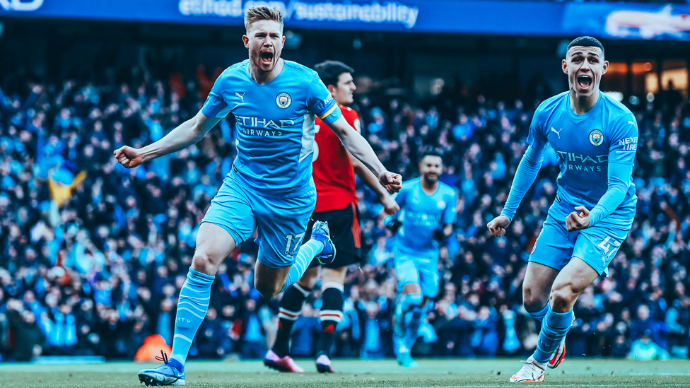 DEMOLITION DERBY : Kevin De Bruyne celebrates grabbing an early opener in City's 4-1 Manchester derby win, 6 March 2022.