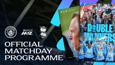 Official matchday programme featuring Manchester City vs Birmingham City in the Barclays WSL. Includes images of players celebrating a 'Double Winners' title for the 2025/26 season.