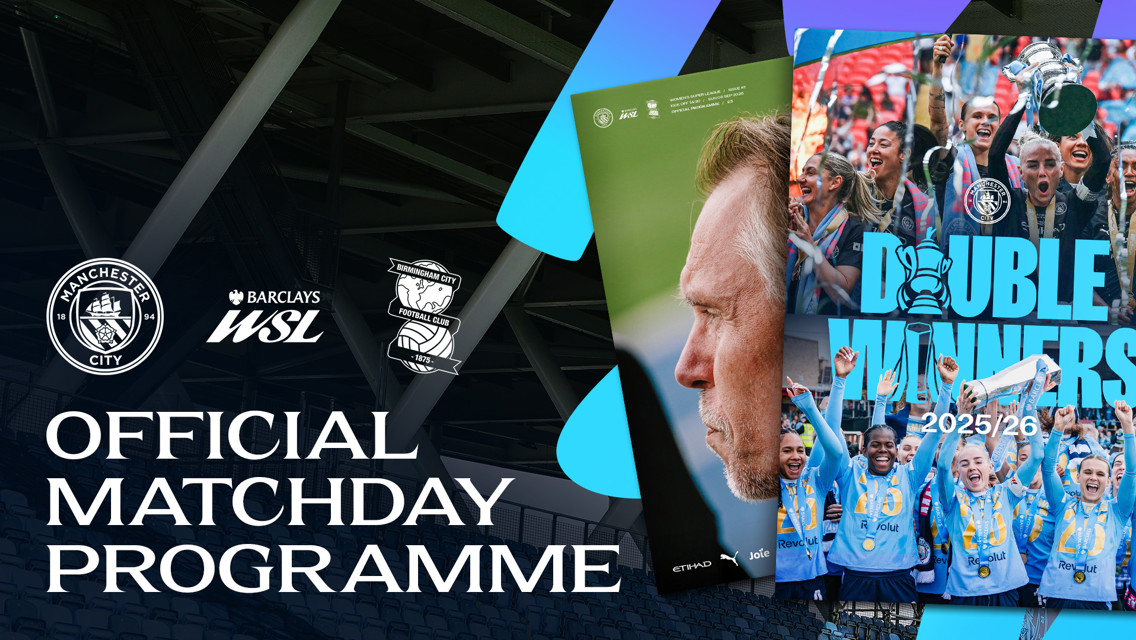 Official matchday programme featuring Manchester City vs Birmingham City in the Barclays WSL. Includes images of players celebrating a 'Double Winners' title for the 2025/26 season.