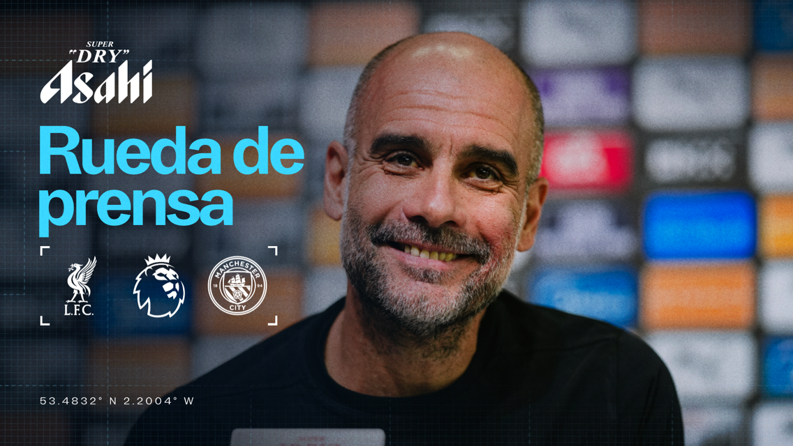 Background of a press conference with logos of LFC, Premier League, and Manchester City. Text reads 'Rueda de prensa' with coordinates.