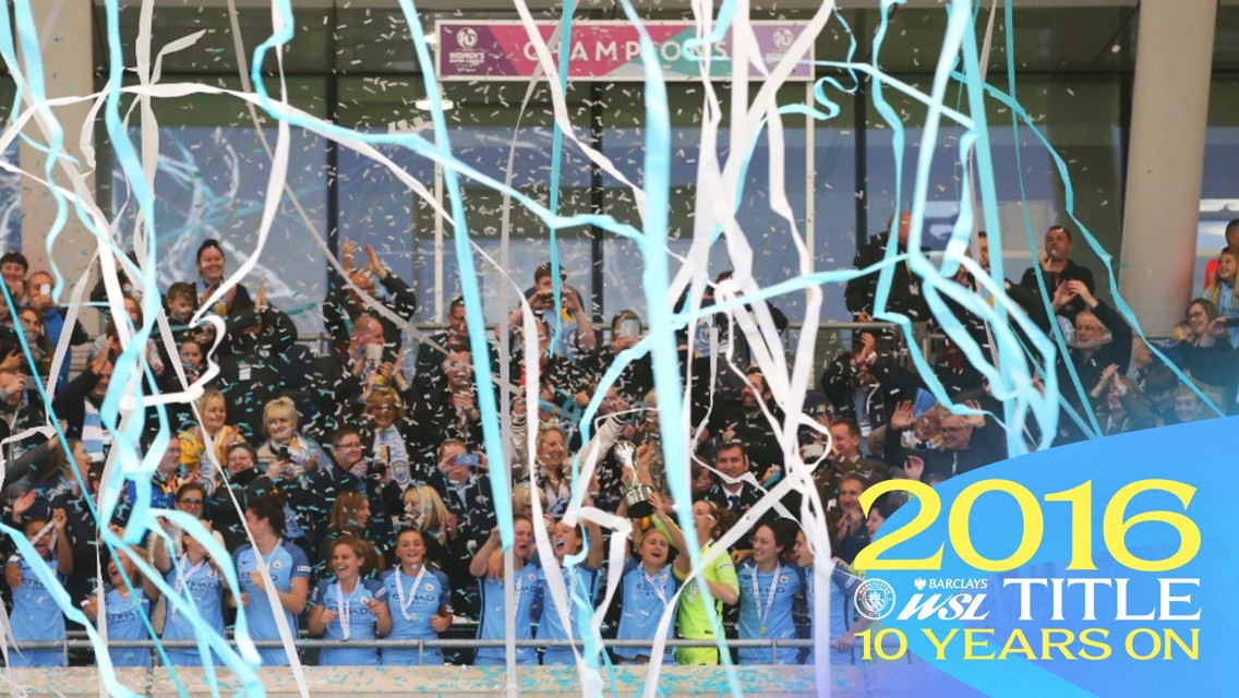 Celebration of Manchester City Women winning the WSL in 2016 amidst confetti and streamers, marking 10 years of the title.