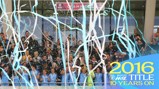 Celebration of Manchester City Women winning the WSL in 2016 amidst confetti and streamers, marking 10 years of the title.