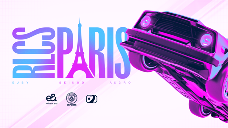 Promotional image for RLCS Paris with styled text featuring the Eiffel Tower and a vehicle. Includes names Ejby, Seikoo, and Accro. Contains logos of Etisalat, Manchester City Esports, and another emblem.