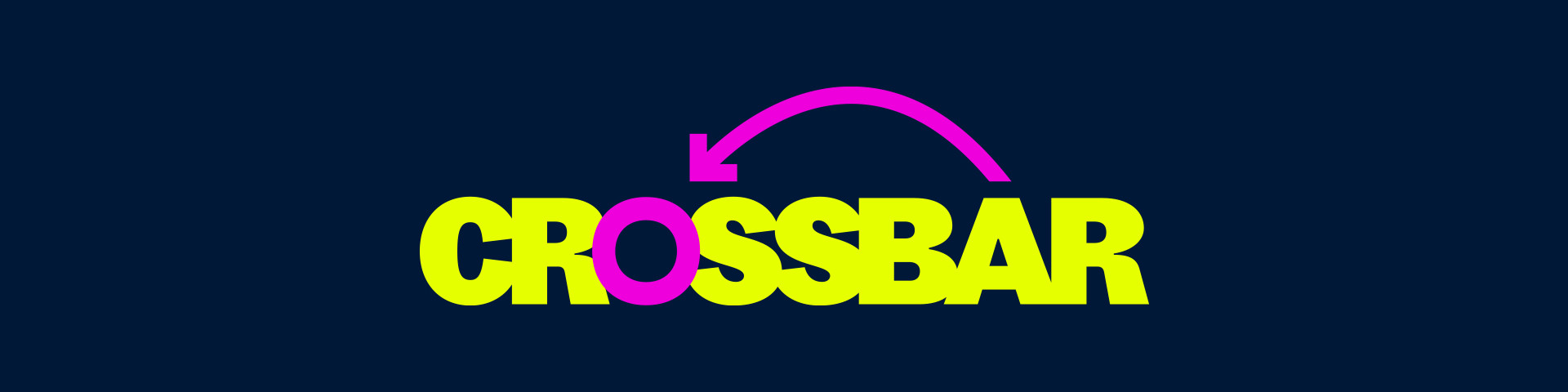 A logo with the word 'CROSSBAR' in yellow letters and a pink arrow pointing at the letter 'O'.