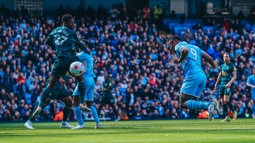 MAKE THAT TWO : Jesus heads in his second goal shortly after the first!