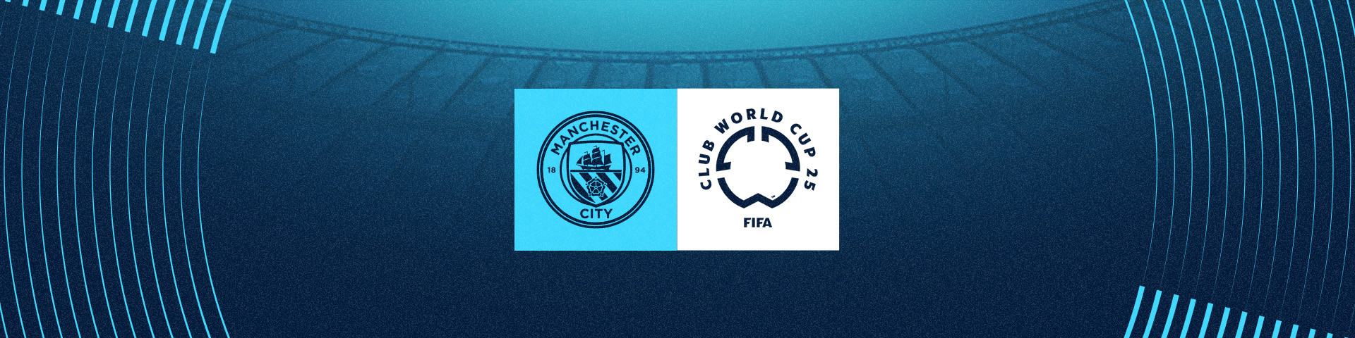 Graphic displaying Manchester City's logo next to the Club World Cup 2025 logo on a blue background.