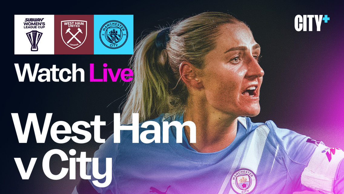Promotional image for West Ham vs Manchester City women's match, featuring team logos and 'Watch Live' text.
