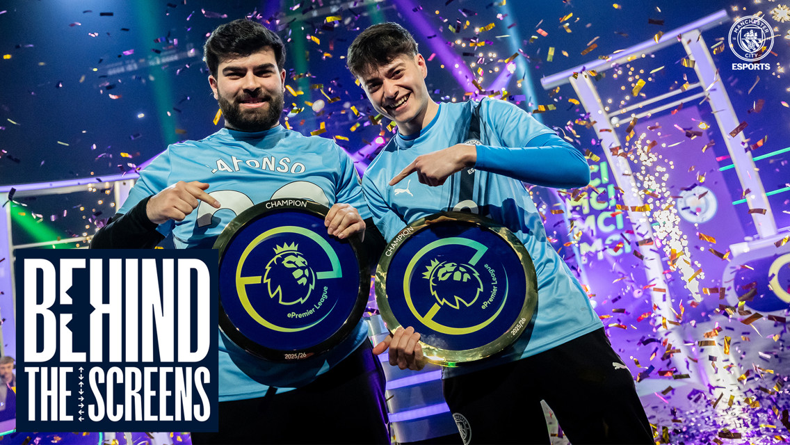 Two esports players hold Manchester City ePremier League championship plaques amidst confetti. The event is titled 'Behind the Screens' and features the Manchester City Esports logo.