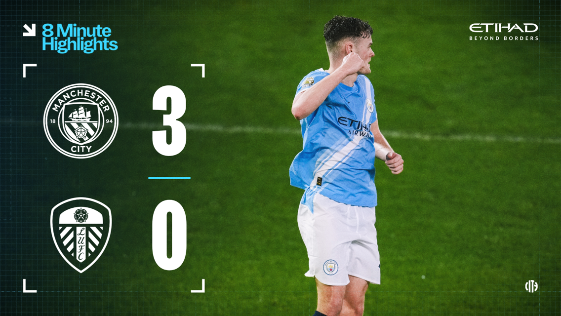 Graphic showcasing Manchester City's victory over Leeds United with a score of 3-0, featuring a Manchester City player in celebration on the right.