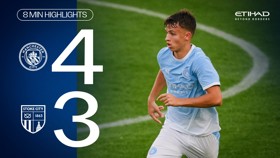 Manchester City defeated Stoke City 4-3. Includes a Manchester City player in action with details about an 8-minute highlight. Sponsored by Etihad Airways.