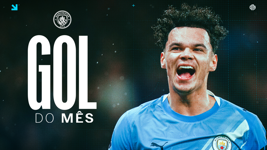 A promotional graphic featuring the text 'GOL DO MÊS' with a Manchester City player in a blue jersey. The Manchester City logo is present. The player's face is blurred.