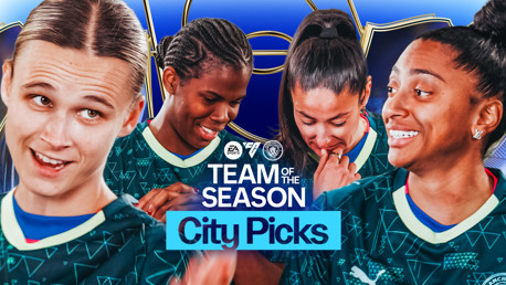 An image featuring a blurred group of Manchester City players with text 'Team of the Season' and 'City Picks'. Manchester City logos are visible.