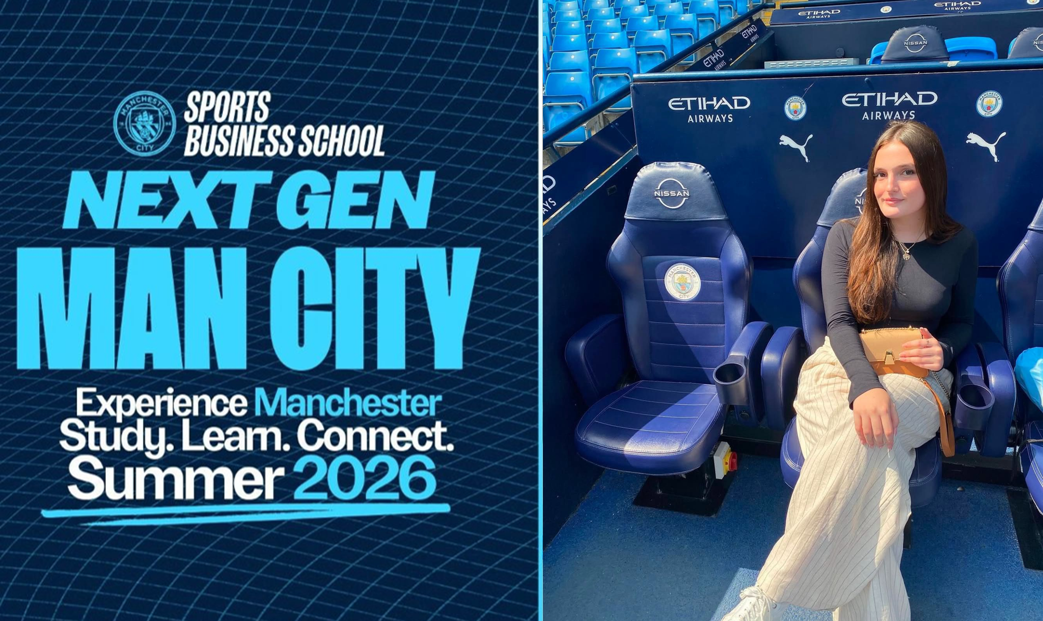 Poster for Manchester City Sports Business School's Next Gen program in Summer 2026. Features seating in the Etihad Stadium with Man City branding.