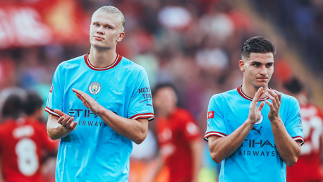 NEW BOYS: Haaland and Alvarez applaud the City fans.
