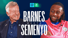 Graphic with blurred faces, featuring text 'Barnes Meets Semenyo' and Manchester City logo.