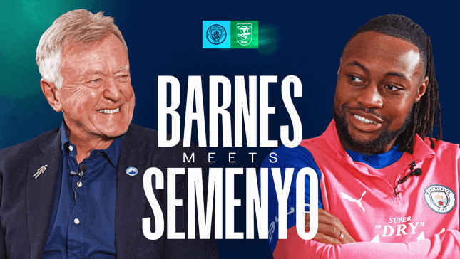 Graphic with blurred faces, featuring text 'Barnes Meets Semenyo' and Manchester City logo.