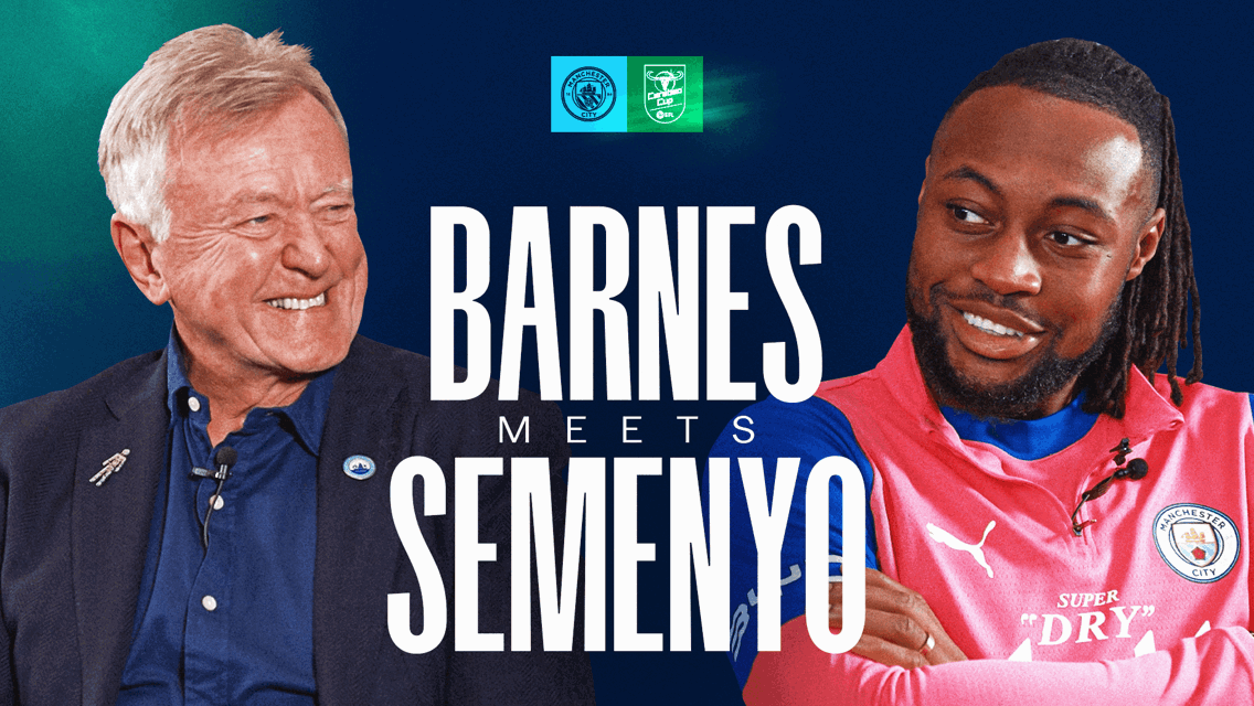 Graphic with blurred faces, featuring text 'Barnes Meets Semenyo' and Manchester City logo.