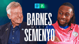 Graphic with blurred faces, featuring text 'Barnes Meets Semenyo' and Manchester City logo.