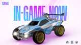 Rocket League car design featuring Manchester City colors and logo, promoting 'In-Game Now' availability, with text 'RLCS PARIS' and logos at the bottom.