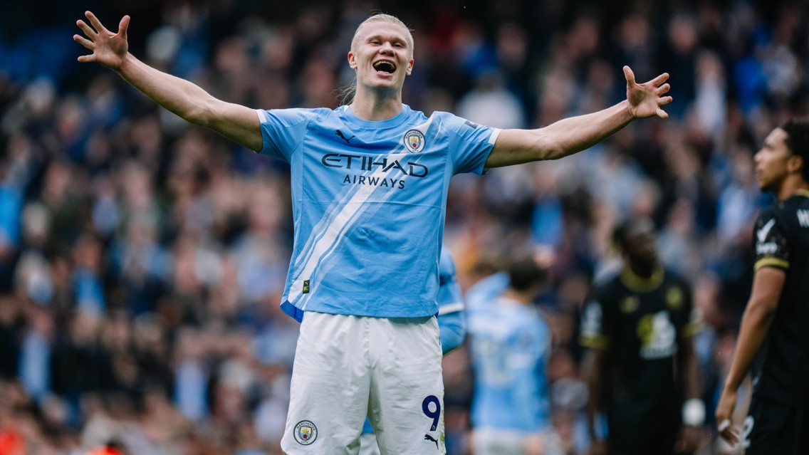 Erling Haaland celebrating a goal for Manchester City