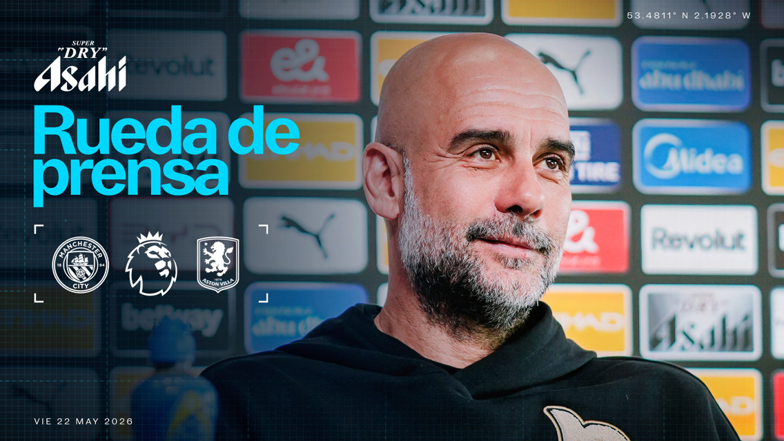 A promotional image for a press conference featuring Manchester City and Aston Villa logos, scheduled for May 22, 2026. Sponsored by Asahi Super Dry.
