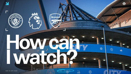 Graphic showing Manchester City vs. Arsenal with Premier League logo, asking 'How can I watch?' on April 19, 2026, at 16:30 UK time.