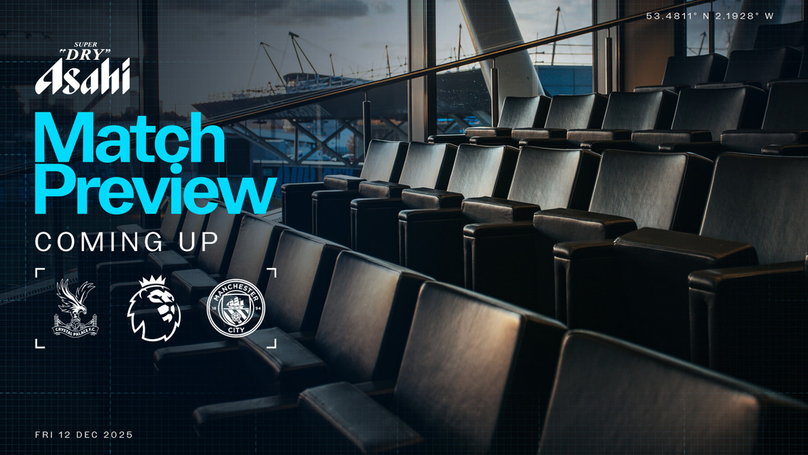 Image for a Premier League match preview, sponsored by Asahi Super Dry, between Crystal Palace and Manchester City scheduled for Fri 12 Dec 2025. The background shows empty stadium seats with coordinates 53.4811°N 2.1928°W displayed.