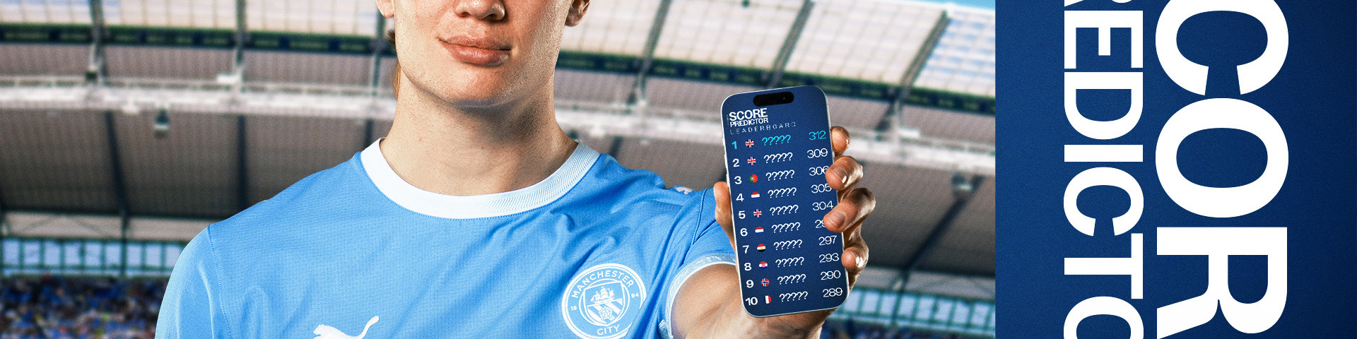 A person in a Manchester City jersey holds a smartphone displaying a score prediction leaderboard at a stadium.