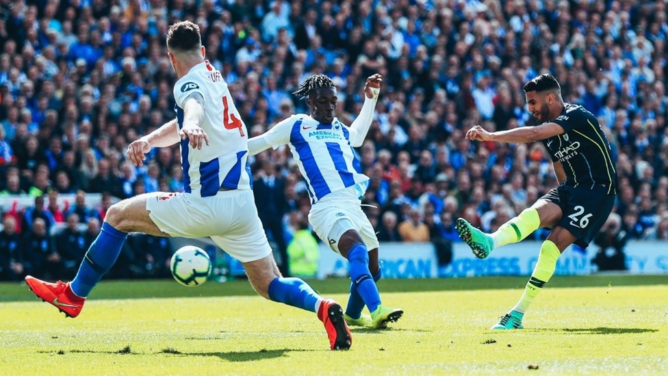 FULLY FOCUSED : STUNNER: Mahrez was on target in spectacular fashion against Brighton as City secured the Premier League title in his first season on the final day of the 2018/19 campaign.