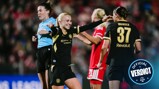 A soccer player from a team wearing black and gold celebrates with teammates during a match, with a 'Official Verdict' logo visible.