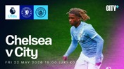Promotional image for a U18s match between Chelsea FC and Manchester City, scheduled for Fri 22 May 2026 at 19:00 UK time, featuring a blurred player in a Manchester City kit.