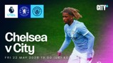 Promotional image for a U18s match between Chelsea FC and Manchester City, scheduled for Fri 22 May 2026 at 19:00 UK time, featuring a blurred player in a Manchester City kit.
