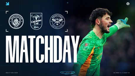 Matchday image featuring Manchester City vs Brentford logos for the Carabao Cup with date and location details.