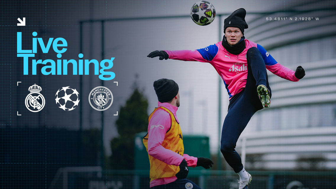 Training session with players from a football team in pink training kits, featuring logos of Real Madrid, Manchester City, and the UEFA Champions League, with specific geographical coordinates noted.