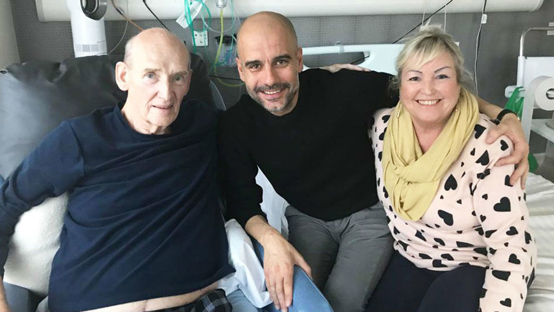 TRUE BLUES: Manager Pep Guardiola made a special visit to see Bernard whilst he received treatment in hospital and is pictured here along with Bernard's wife Karen