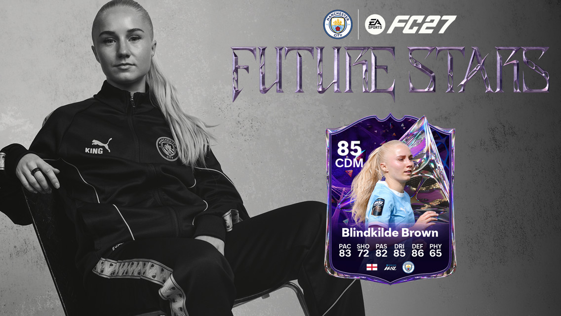 Black and white image of a person in a Manchester City tracksuit sitting with a soccer card overlay. Card has player stats and name 'Blindkilde Brown'.