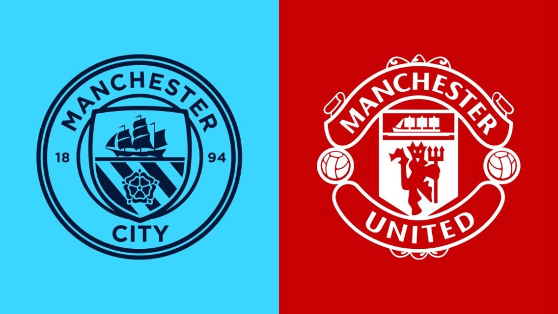 Two football team logos: Manchester City on the left with a light blue background, and Manchester United on the right with a red background.