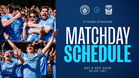 Fans celebrating in Manchester City shirts at Etihad Stadium. Matchday schedule for Manchester City vs Coventry City on Saturday, 5th September 2026 at 15:00 (UK).
