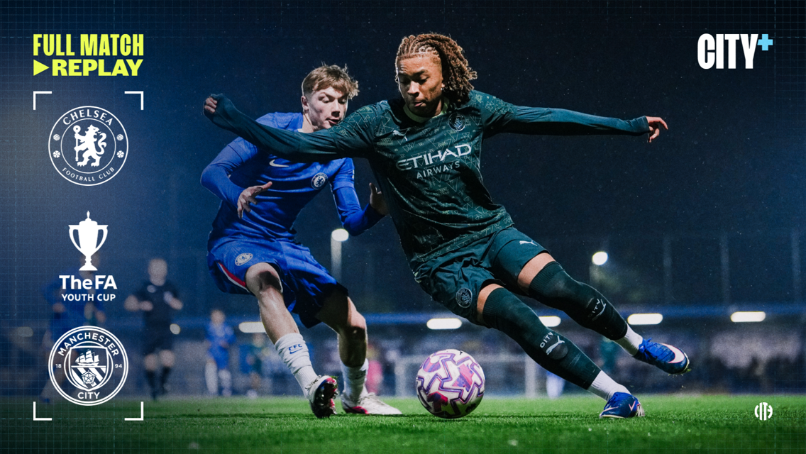 Two players from Chelsea and Manchester City compete for the ball in a match likely part of the FA Youth Cup.