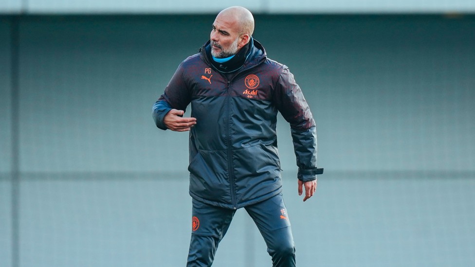 PEPPED UP : Guardiola gives his instructions