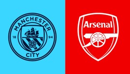 Side-by-side logos of Manchester City and Arsenal, with Manchester City's logo on a blue background and Arsenal's logo on a red background.