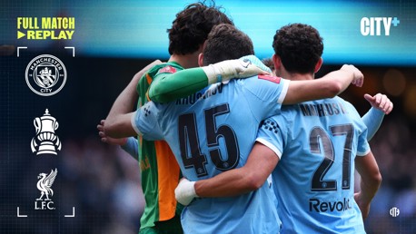 Players from a Manchester City match with overlay text for a full match replay against Liverpool in the FA Cup.