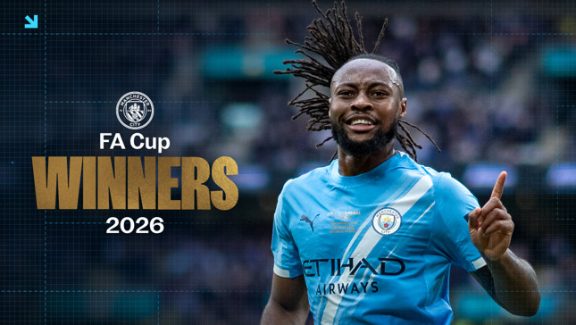 Graphic celebrating Manchester City's win of the FA Cup in 2026, featuring a player in the team's home kit with blurred face.