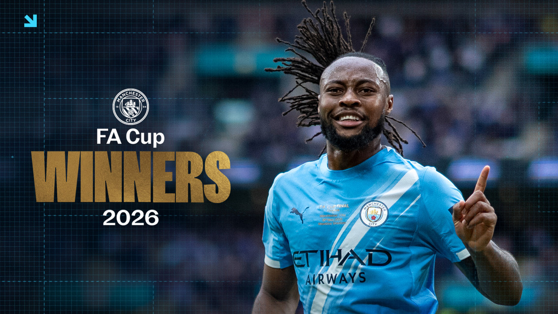 Graphic celebrating Manchester City's win of the FA Cup in 2026, featuring a player in the team's home kit with blurred face.