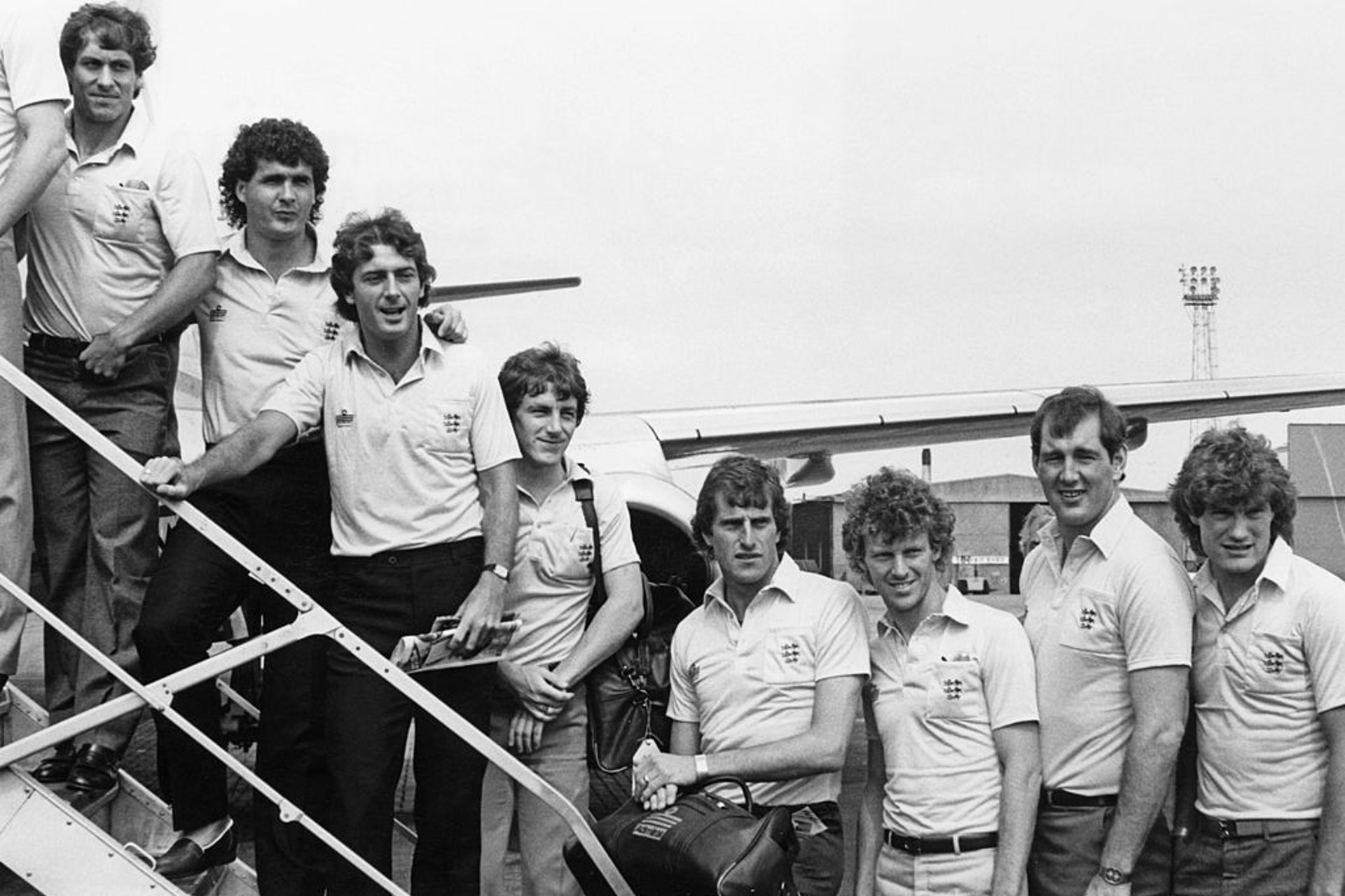 JET SETTER: Joe Corrigan (second right) prepares to fly off with England to the 1982 World Cup finals in Spain