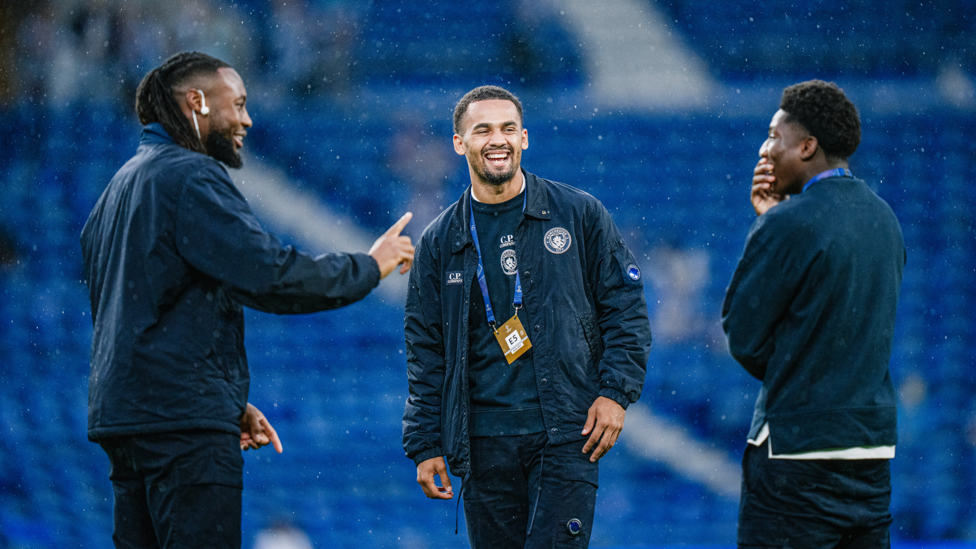 ALL SMILES : Semenyo, Ndiaye and McAidoo in relaxed mood when checking out the pitch.
